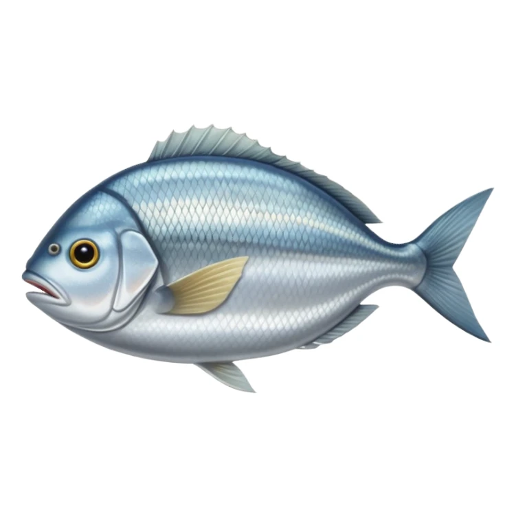 whole silver sea bream with a laterally flattened oval body and shimmering scales, golden band between the eyes, forked tail, defined fins, fish lies flat, raw and clean, smooth slightly reflective surface, no garnish plate or extras, soft lighting, subtle shadows, emoji scale sticker
