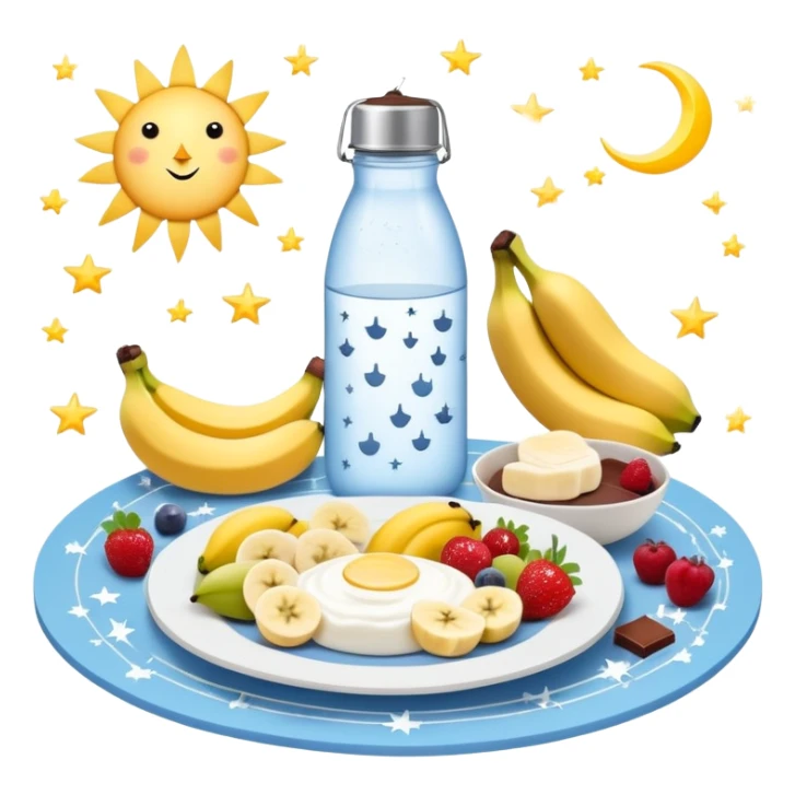 Mystical daily routine constellation: water bottle, sun, chicken plate, banana, gym weight, yogurt, fruits and chocolate, and moon symbols arranged like stars in a constellation pattern with glowing lines connecting them in sequence sticker