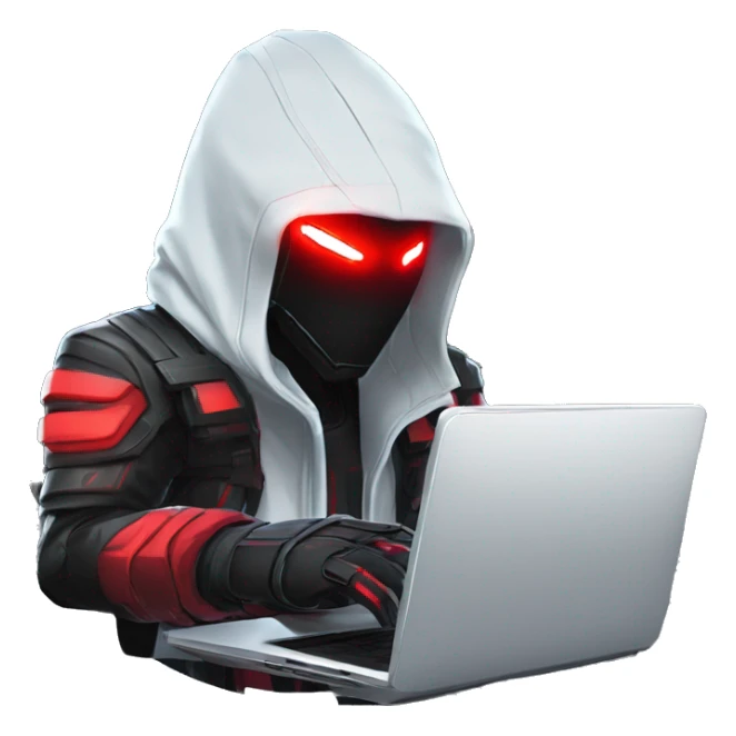 developer behind his laptop with this style : crysis Cyberpunk Riot Games Valorant neon glowing bright red character red dark black hooded assassin themed character sticker