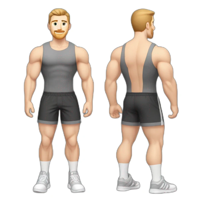 Full height Pale skinned fit man With biceps, Realistic eyes and mouth, light brown hair and stubble In dark gray sleeveless mike, black oversize sports shorts, watch and white sneakers. sticker