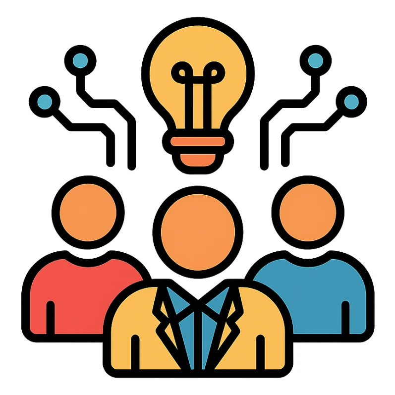 icon representing an online community for managers adapting to the AI Era, featuring a group of people, subtle AI or tech elements like circuit lines or a lightbulb, modern and welcoming look sticker