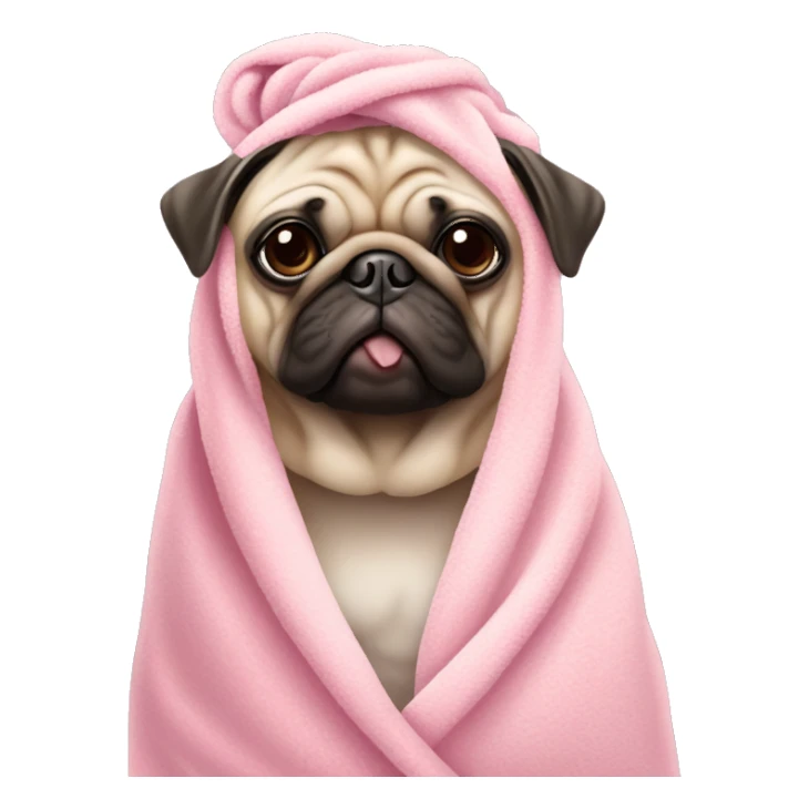 beige pug dog with a pink towel on its head and boba sticker