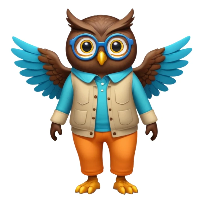 friendly anthropomorphised night owl with wings instead of arms, colourful pants and shirt, wearing glasses, walking upright, night owl features and colours, unique pose 1 sticker