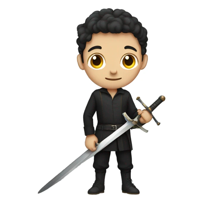 boy with dark pants and dark long sleeve shirt. One hand holding a sword sticker