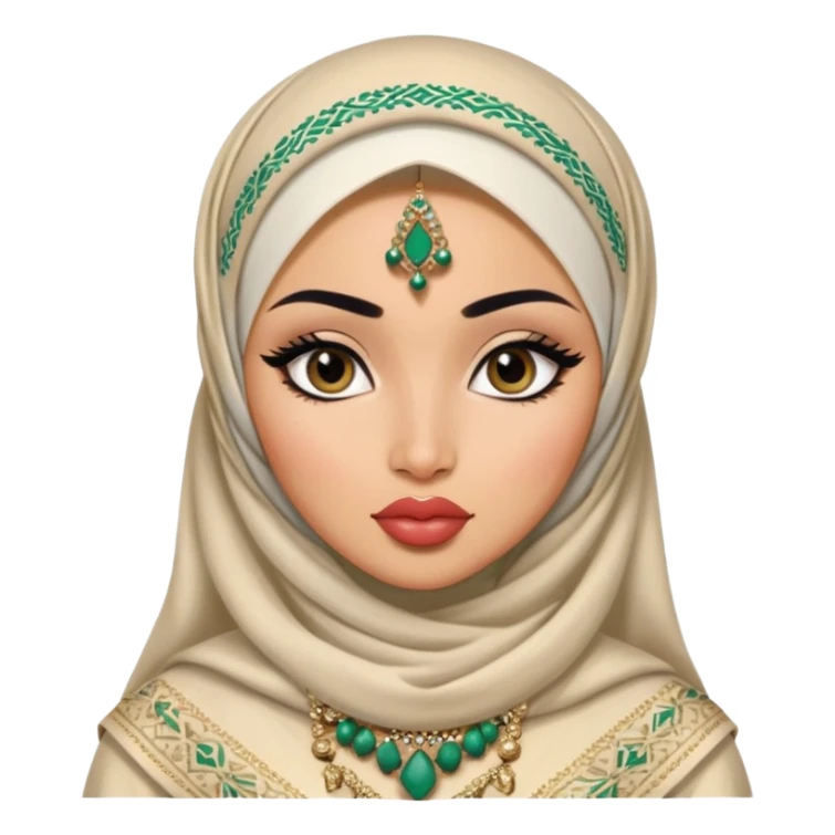 Central asian, pretty lips, nigerian clothes, medium skin, hijab, jewelry, pretty bratz baddie, black eyeliner sticker