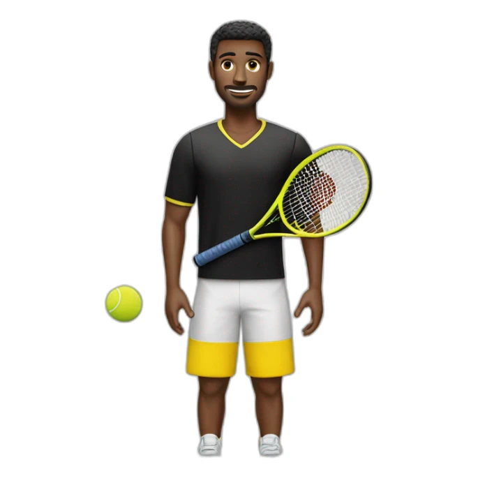 Vecchio uomo vestito di nero e giallo gioca stanco con una racchetta da tennis sticker