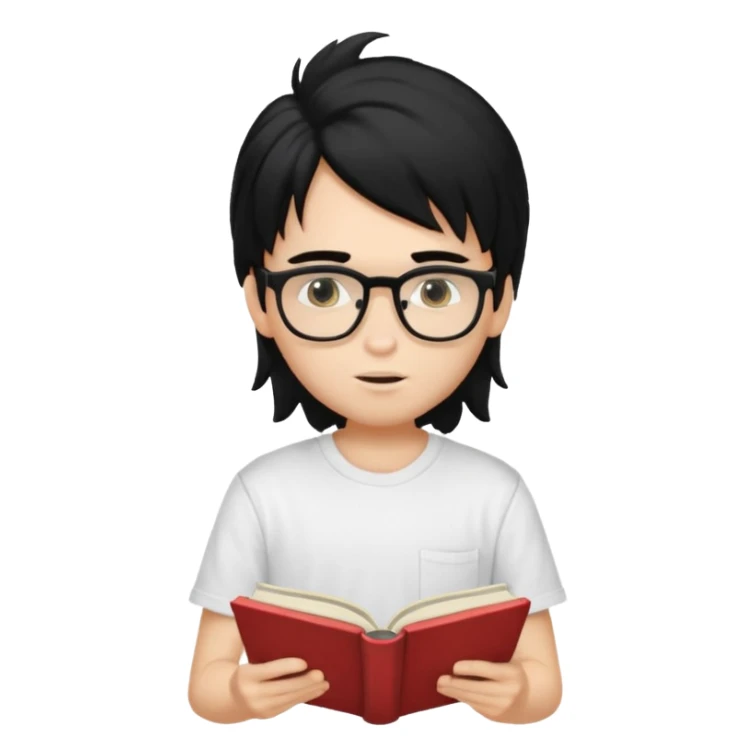generate a pretty fair bratz boy with a long messy mullet (black hair), wearing a white tshirt. Reading a book. He has spectacles on.  sticker