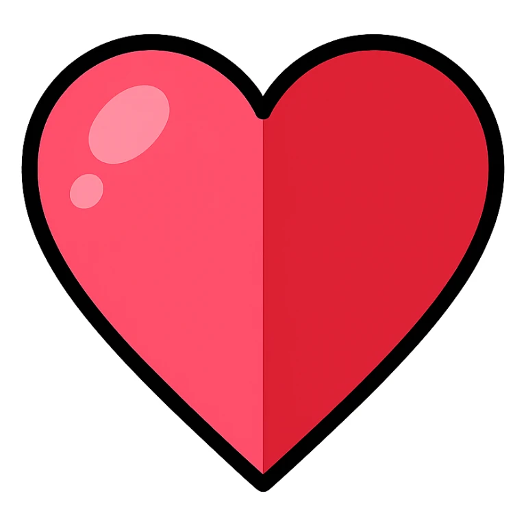 Add more shadows to the cute heart. Change the gradient to a single color (pink or red) with sharp transitions from light to dark inside the heart, not smooth. Keep the vector style with clean outlines and transparent background. sticker