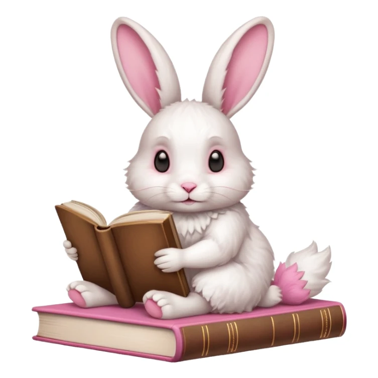 White rabbit sitting horizontally in a natural position on 4 legs, without a book.  There are 3 books nearby. books lie on top of each other  in brown tones

 sticker