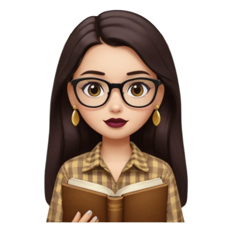 generate a pretty bratz girl with black small square spectacles, dark lipstick, gold stud earrings, a brown gingham shirt, books in hand, dark brown straight long hair, eyeliner on sticker