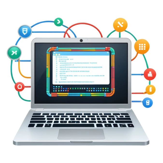 An icon featuring a laptop screen with colorful lines of code, brackets, and a blinking cursor, symbolizing programming. The design includes flowcharts, gear icons, and binary code, representing software development and logical problem-solving. Transparent background highlights the world of coding. sticker