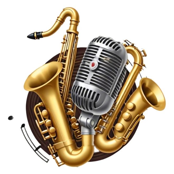 Create an artistic and dynamic emoji representing jazz vocal performance, featuring a vintage microphone as the central focus. Surround the microphone with traditional jazz instruments, such as a saxophone, trumpet, and upright bass, arranged in a harmonious, flowing design. Add musical notes and sound waves emanating from the microphone to symbolize the improvisational and expressive nature of jazz vocals. The instruments should have a polished, classic appearance with metallic gold and silver accents. Use rich colors like deep black, gold, and burgundy to evoke the sophisticated and soulful atmosphere of a jazz club. The background should be transparent. sticker