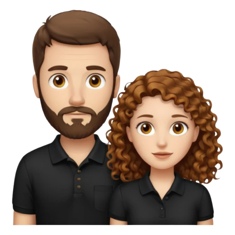 Criar Casal - Homem branco de cabelo liso e olhos marrom, com barba, camiseta polo preta e mulher de pele branca cabelo cacheado marrom longo e olhos mel sticker