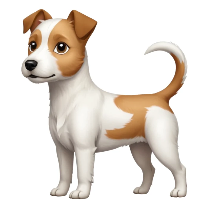 a full body slightly chubby white parson russell terrier looking dog the size of a kelpie with light brown long ears and a light brown patch on one eye and a large snout sticker