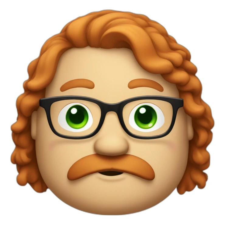 A red-haired fat guy with green eyes and withglasses and a beard sticker