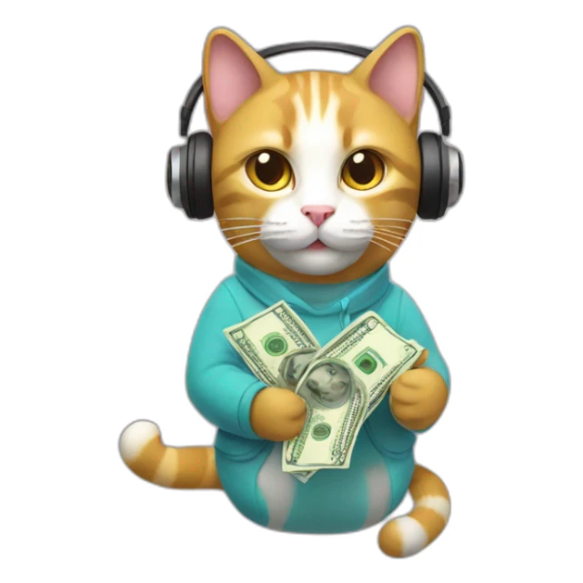 cat in headphones holding money in hands sticker