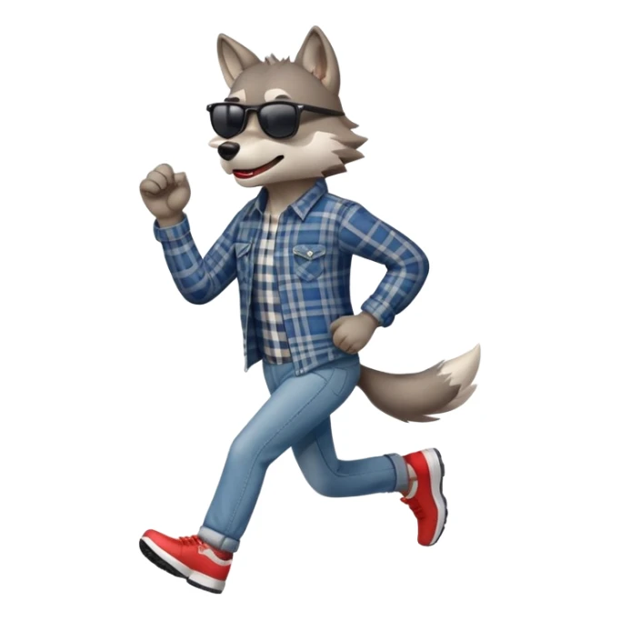friendly anthropomorphised wolf in jeans and plaid shirt, wearing dark sunglasses, jogging upright in standard pose sticker
