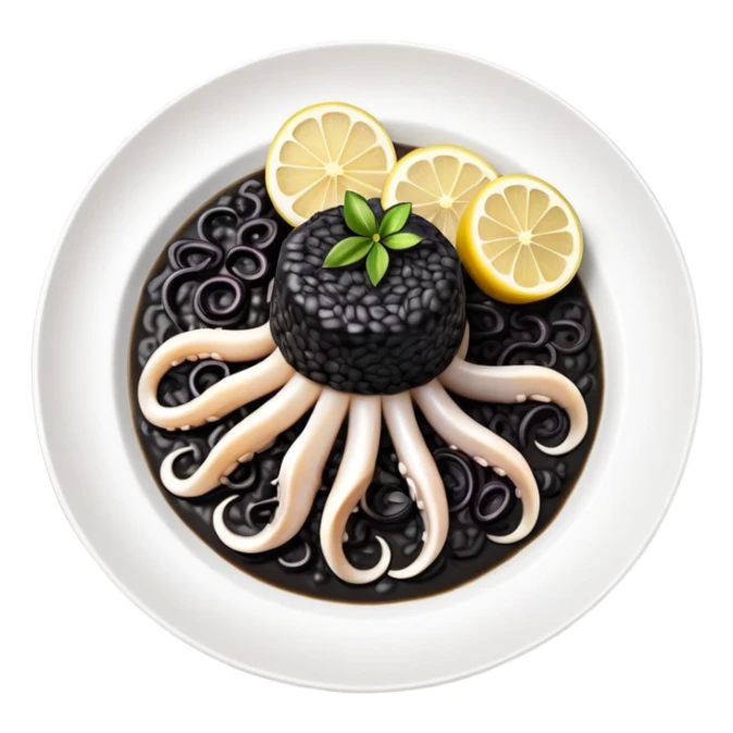 cinematic-realistic-black-risotto-dish,-showcasing-lagre squid pieces-rendered-with-bold-textures-and-dynamic,-dramatic-lighting in a white plate with a single slice of grilled lemon on top sticker