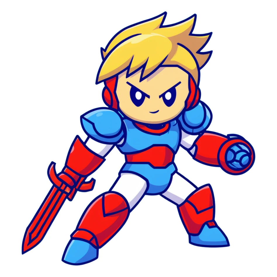 Megaman Zero robot with red armor, blonde hair, and Z-saber sword sticker