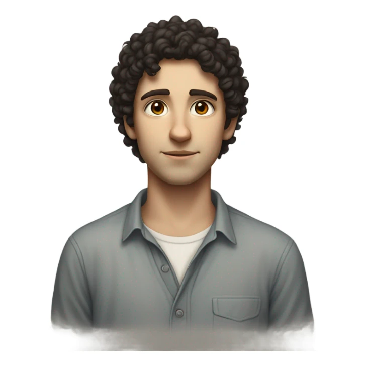 "A young man with dark curly hair, pale skin, and a thin build. He has a humble, thoughtful expression and wears simple, slightly worn clothing. A subtle Star of David appears nearby." sticker