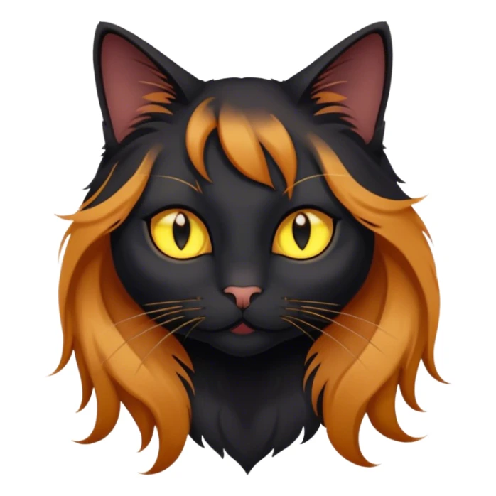 Long-haired black cat with yellow eyes with a ginger girl sticker