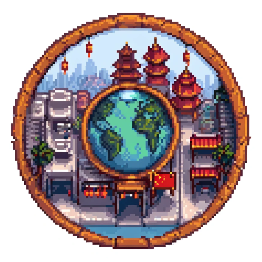 China Town cityscape on a small planet, pixel art, circular frame, vibrant colors sticker