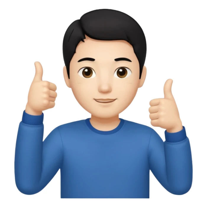 3D avatar of a Korean male frontend developer,
clean 5:5 middle part black hair,
no glasses,
close-up face portrait,
only head and one hand visible,
one hand making thumbs up gesture,
soft and friendly expression,
minimal style
 sticker