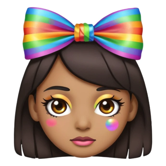 emoji face with dark hair with bad thick eyeliner and rainbow bow on head sticker