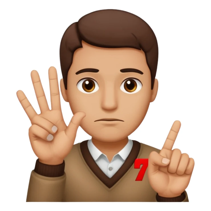 man frowning holding up numbers 6 and 7 sticker