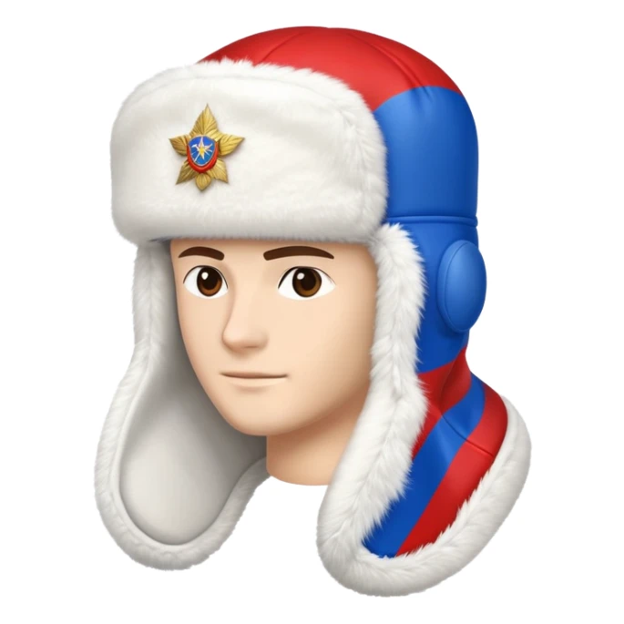 Traditional Russian ushanka hat with Russian flag colors white blue and red, winter fur hat with ear flaps sticker