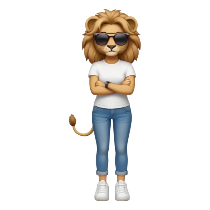 friendly anthropomorphised female lion character, full body, standing confidently with legs shoulder width apart and arms folded, wearing jeans, a white t-shirt, dark sunglasses, and trainers, with a confident smile sticker