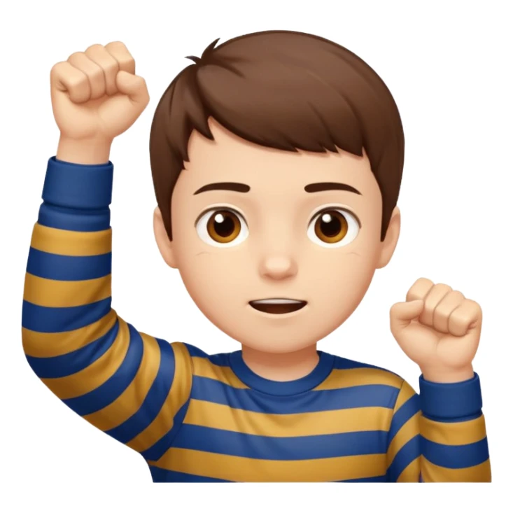 A boy with stripes across his cheeks, raising his fists in excitement. sticker