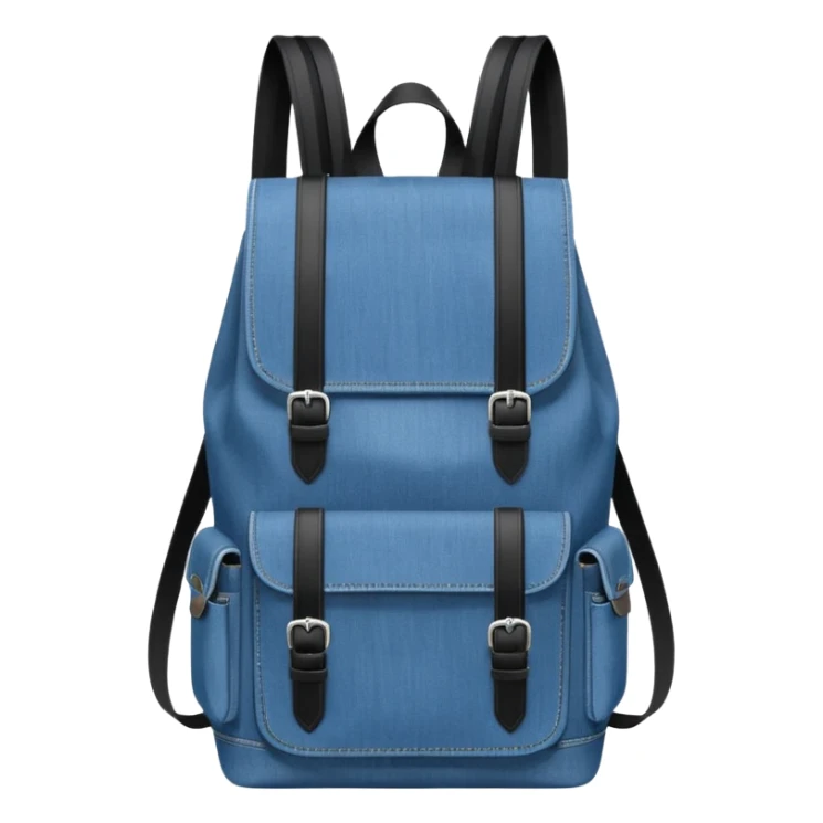 a blue denim backpack with a flap top, two vertical *black buckle straps* on the front, only at the top. The backpack has two side pockets and a soft square shape. 

 sticker