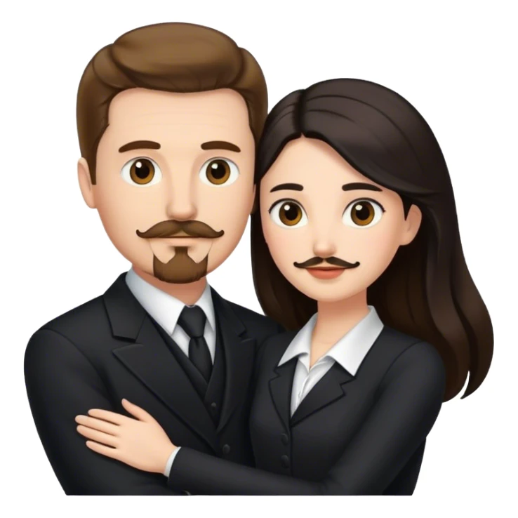 wedding portrait, tall white man with brown hair goatee mustache embracing a pale woman with long black hair, wearing formal clothing sticker