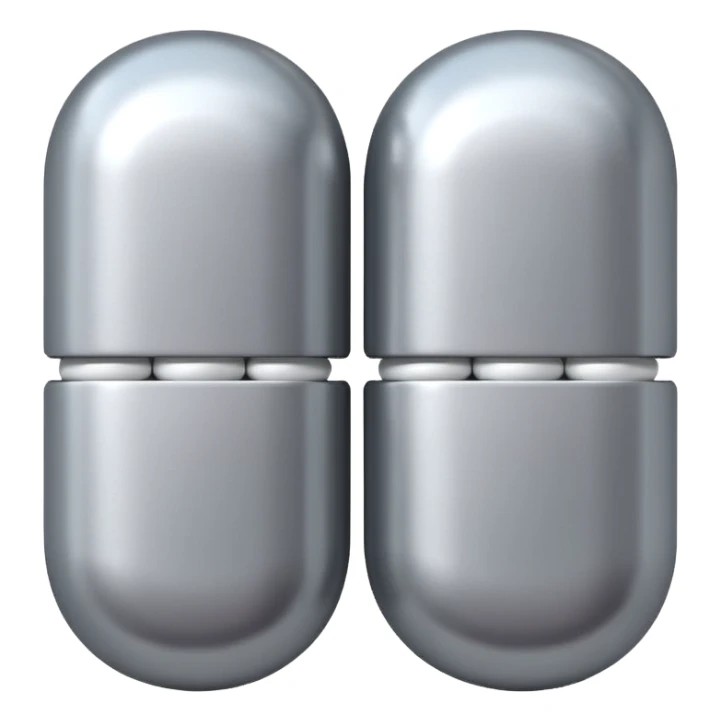 capsule pill emoji, metallic silver halves, smooth glossy finish, futuristic pharmaceutical 3D icon, isolated on white sticker