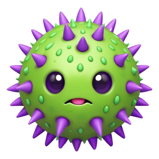 A cute but grumpy 3D render icon of a virus. A spherical shape covered in rounded mushroom-like spikes. Glossy plastic material, cartoonish style. Color palette: bright slime green and purple spikes. Soft studio lighting. Isolated on a solid light background. Minimalist design. sticker