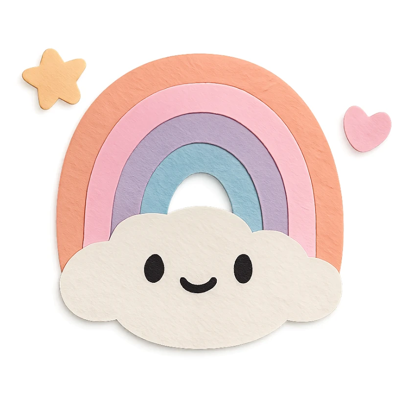 kawaii tiny rainbow with floating star and heart around, no arms, no legs, transparent background, full body, soft pastel kawaii paper craft style sticker