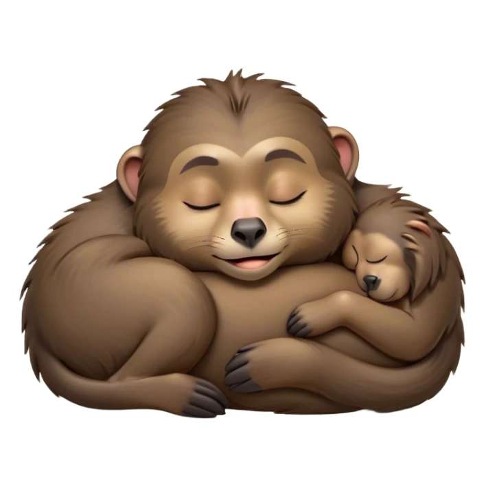 Meme-Worthy Cute Sleeping Baboon Portrait Emoji, Head resting peacefully with a contented smile, showcasing a robust build and a luxuriously soft Fur of earthy browns, eyes shut in a serene, restful nap, Simplified yet hilariously adorable features, highly detailed, glowing with a soft, drowsy light, high shine, relaxed and utterly lovable, stylized with an air of playful laziness, bright and heartwarming, soft glowing outline, capturing the essence of a comically sleepy baboon, so meme-worthy it feels like it could instantly become the next viral sensation of adorable slumber! sticker