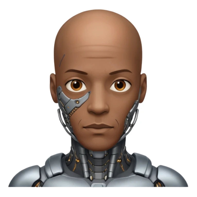 bald black man, vertical half of his face fully covered in cyborg augmentations sticker
