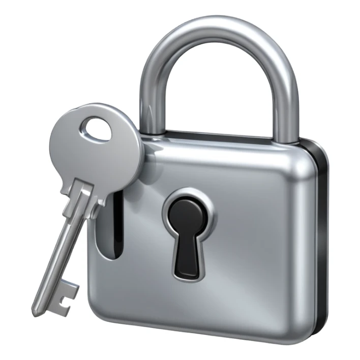 A chrome silver lock and key emoji, smooth metallic surfaces, glossy reflections, luxury swag vibe, minimal iOS emoji style, centered on clean white background sticker