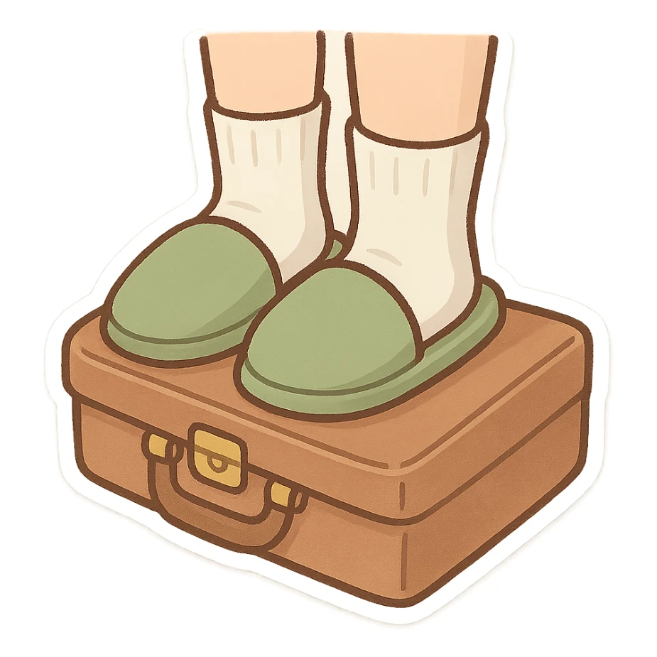 Feet with white socks wearing green house slippers standing on a briefcase sticker