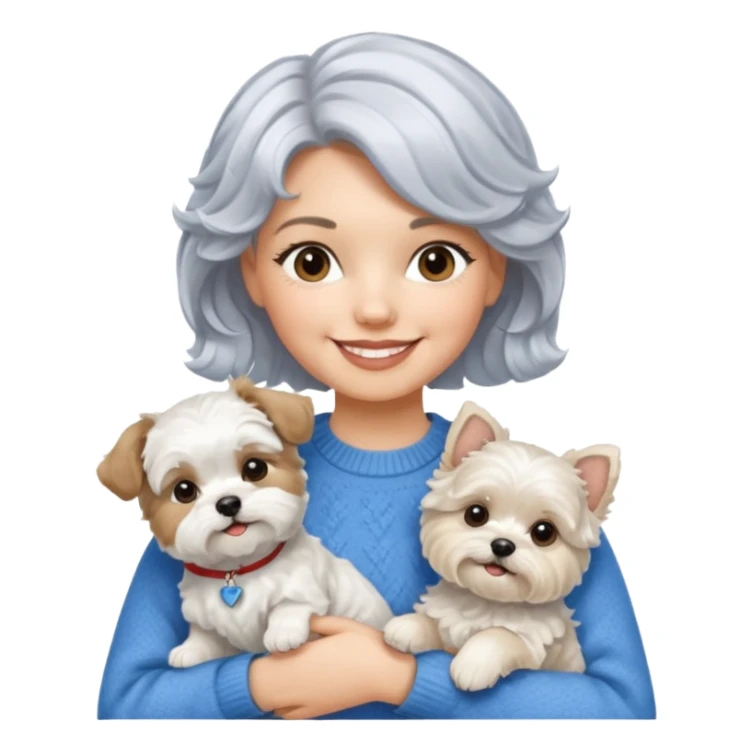 silver, short, wavy-haired with loose curls, smiling pretty lady holding a white west highland terrier dog and a white and tan shih tzu dog sticker