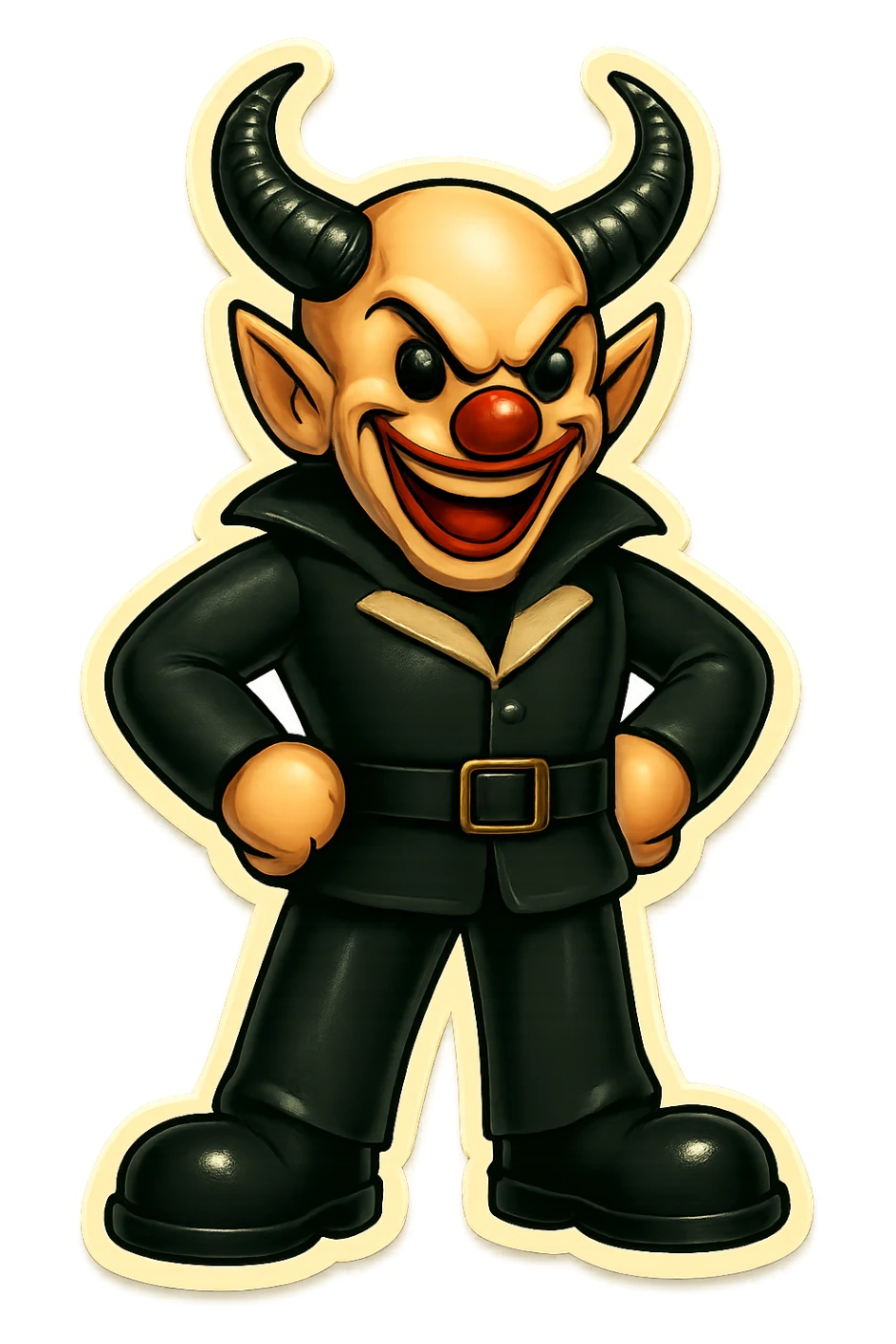 Render the subject in retro sticker style with no border and transparent background, in a relaxed standing pose, hands on hips. sticker