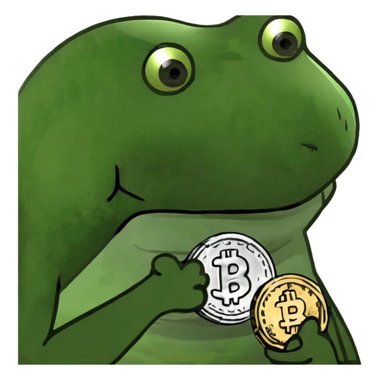 bufo frog (pepe) with a single coin in hand sticker