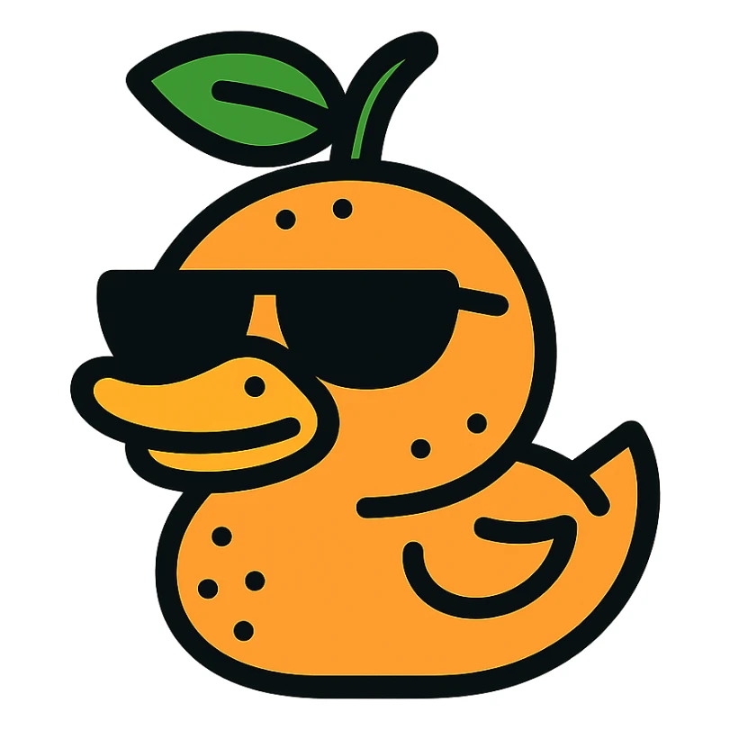 a duck made from an orange, with sunglasses, minimal flat color style sticker