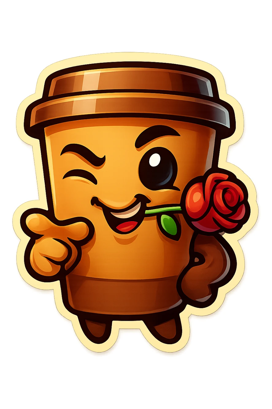 Tall coffee cup, rose in mouth, wiggle eyebrow, smirk, pointing at viewer sticker