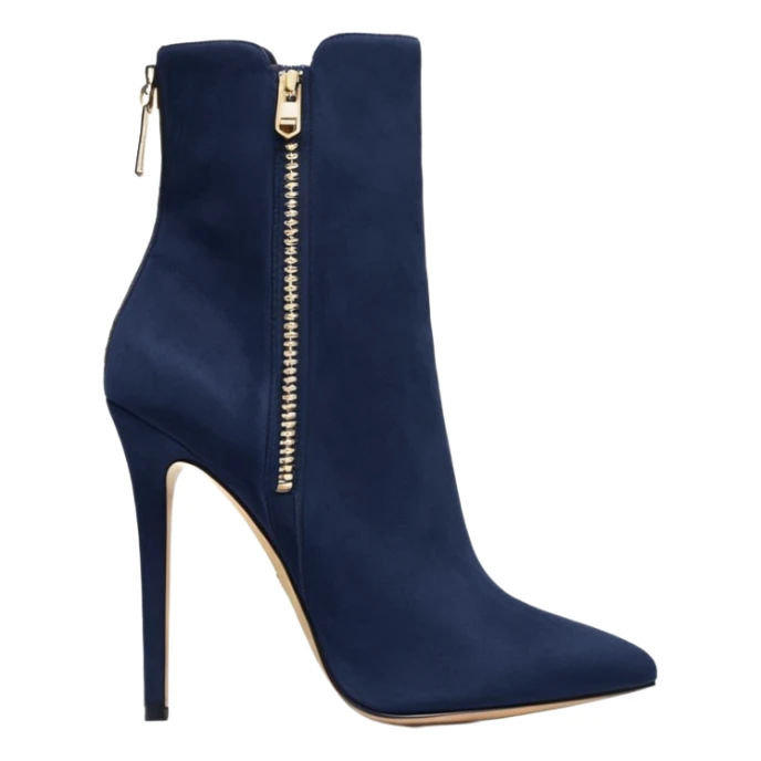 Hyper Realistic isolated side view,  Michael Kors navy blue suede, luxury pair of stiletto ankle bootie boots, detailed zipper sticker