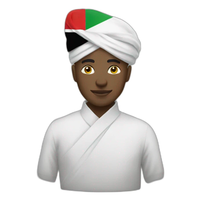 man with a white turbin holding Sudan flag sticker