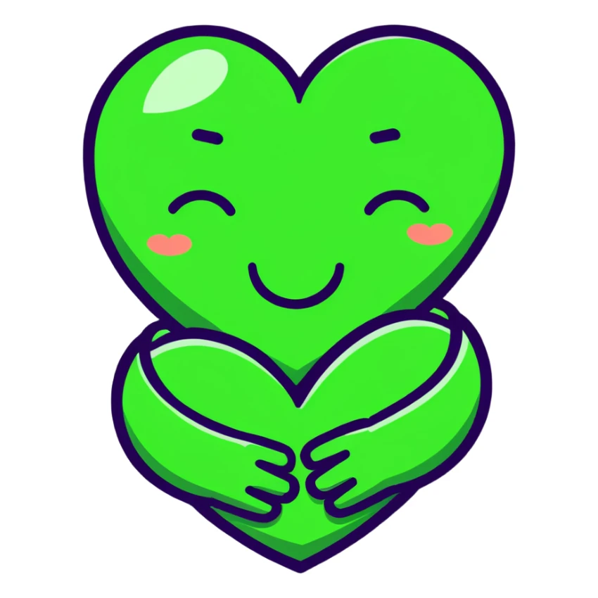 green face emoticon with closed eyes hugging a green heart, expressing care and support sticker