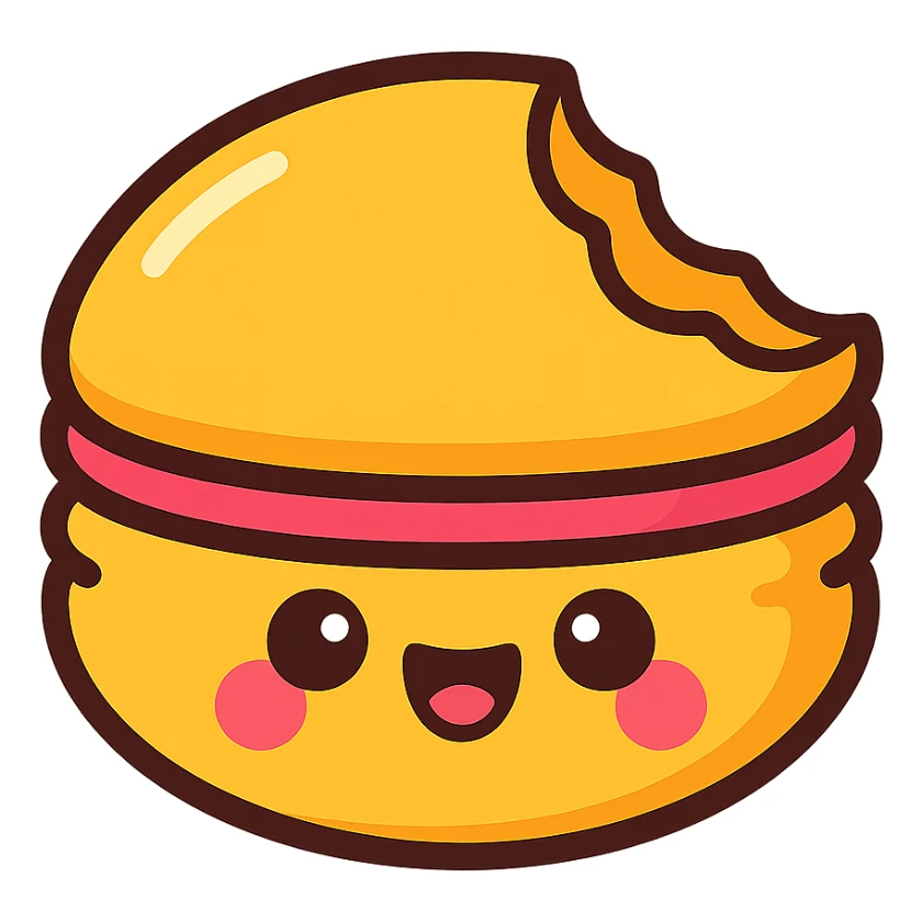 single macaroon with a bite taken out, cheerful expression, kawaii style sticker